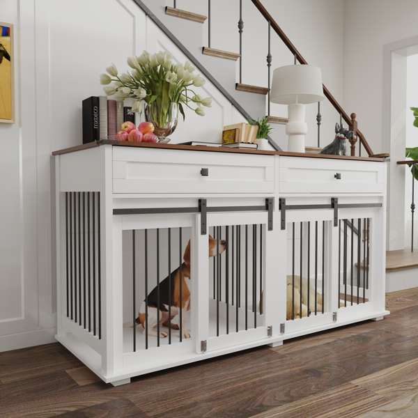 63'' Large Dog Crate Furniture for Double Dog, Wooden Dog Kennel with 2 Drawers,Divider and Sliding Door, Water Resistant Indoor Pets Furniture Style Double Dog Crates-2