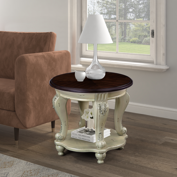 22'' Two Tone Round End Table,Solid Wood Sofa Side Table with Shelf,Living Room Corner Table Easy Assemble,Beige and Espresso Top-2