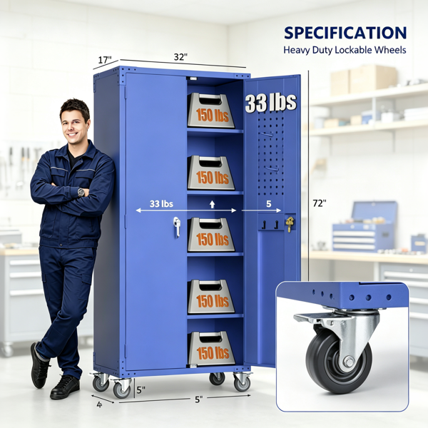 钢制 180*80*40cm 带轮带洞洞板把手款 工具储物柜 蓝色-10