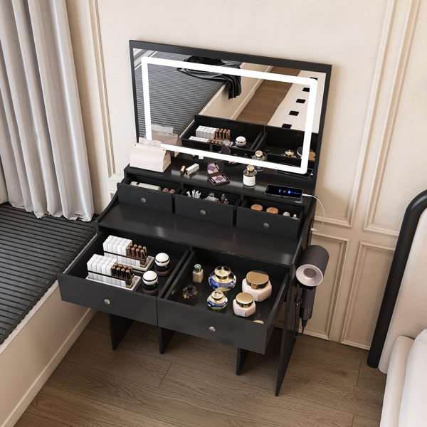New Large Mirror Vanity Desk for Bed room  , Modern Makeup Vanity Set with Power Outlet and Hair dryer holder, 5 Drawers , 3 Lighting Color Adjustable Dressing Table for Bedroom, Black Color-12