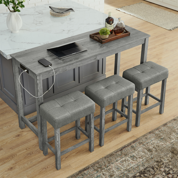 59 Inch Bar Table, Dining Table, Sofa Table with Power Outlet, 3 Upholstered Stools, 4 Piece Bar Table and Chair Set for Living Room, Dining Room, Kitchen-6