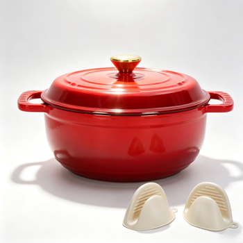 铸铁 5QT 烹饪锅具 红色渐变 含两个硅胶手套 珐琅锅