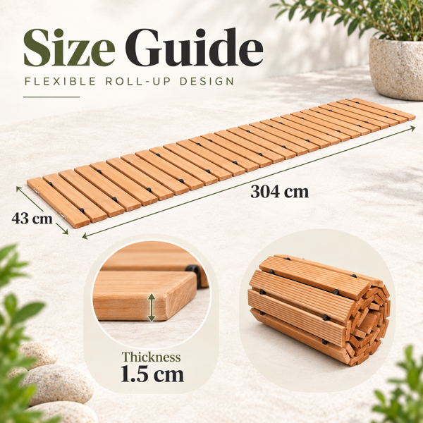 305 x 43 cmRoll-Out Wooden Walkway Mat, 1.5 cm Thick Portable Garden Pathway, Outdoor Wooden Boardwalk Path for Yard, Lawn, Beach, Patio and Camping-7