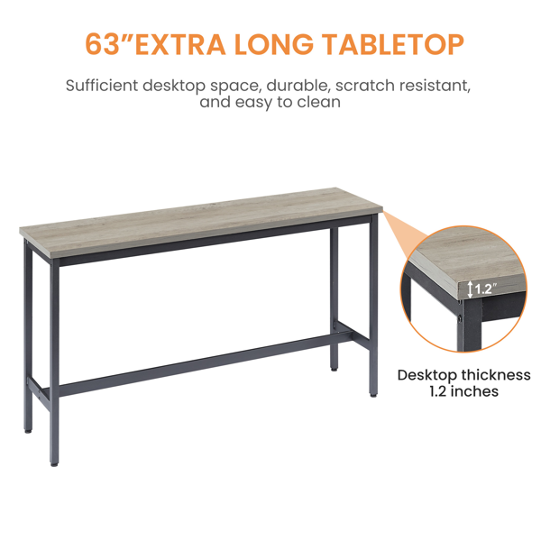 Long Bar Table Set with 3 PU Upholstered Bar Stools, Industrial Bar Table and Chairs for Kitchen Breakfast Table, Living Room, Banquet Hall, Rustic Gray and Black, 63″L x15.7"W x 37.5"H-8