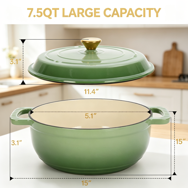 铸铁 7.5QT 烹饪锅具 渐变绿 含两个硅胶手套 珐琅锅-12