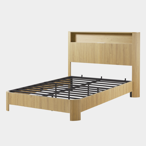 Full Extra Long(Full XL) Size bed frame with storage headboard, built-in charging station, wavy curved lines design, silent operation, metal support, Natural-7