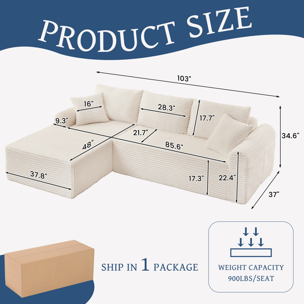 Full-Compression Chaise Lounge Set – Modular Corduroy Sectional with Arched Armrests, Non-Slip Base, Includes 3 Back Cushions & 2 Throw Pillows,Right chaise longue sofa-7