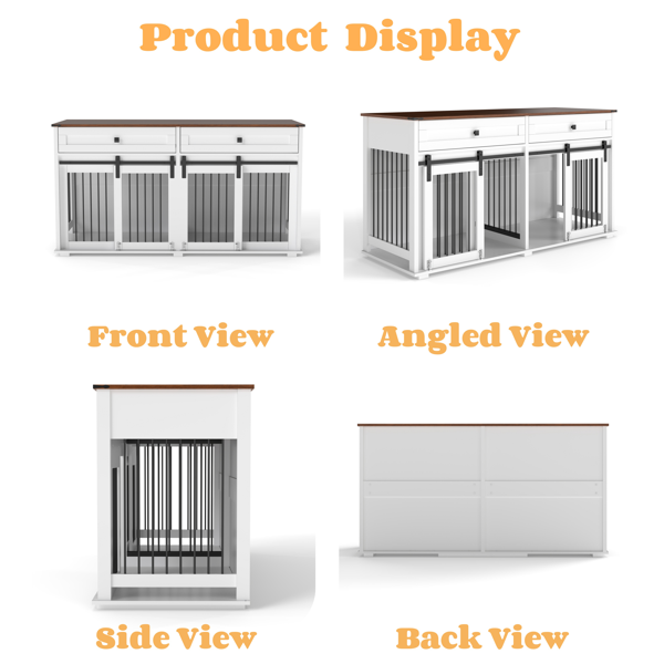 63'' Large Dog Crate Furniture for Double Dog, Wooden Dog Kennel with 2 Drawers,Divider and Sliding Door, Water Resistant Indoor Pets Furniture Style Double Dog Crates-7
