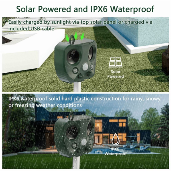 超声波动物驱赶器，升级太阳能款，PIR 人体红外感应，LED 爆闪灯，双喇叭，覆盖面积 5000 平方英尺，庭院花园驱赶猫狗、松鼠、浣熊、鹿-6