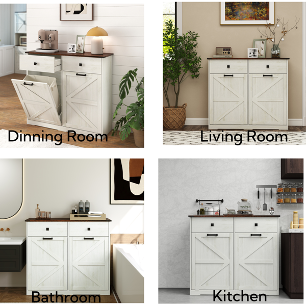 Farmhouse Double Tilt Out Trash Cabinet for 20 Gallon Trash Cans, Free Standing Recycling Cabinet with Hideaway Drawer, Barn Door Style Laundry Sorter Cabinet, Tilt Out Trash Cabinet for Kitchen-3