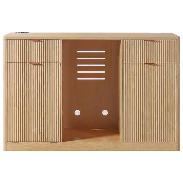 K&K 59" Coffee Bar Cabinet with Fridge Space & Tilt-Out Trash Cabinet, Mini Fridge Wine Cabinet with Storage/Charging Station, Fluted Buffet Sideboard with Glass Holder for Dining Room, Natural Oak-44