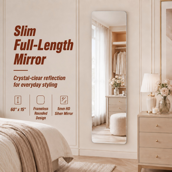 60" x 15" Full Length Wall Mirror, Frameless Rounded Rectangle Body Mirror with Shatter-Resistant Backing, 3 Installation Options, HD Silver Glass Mirror for Bedroom, Closet, Entryway & Salon-4