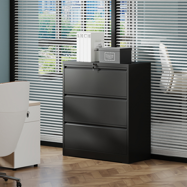 3 Drawer Lateral File Cabinet, 35.4 Inch Wide Metal Filing Cabinet, Locking Heavy Duty File Cabinet for Home Office, Anti-Tip Safety Interlock, Vertical Storage for Letter/Legal/A4 Files, Black-2