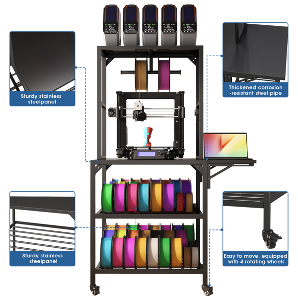 3D Printer Stand, Heavy Duty 3D Printer Table Stand with Filament Storage Rack, T-Shaped Spools Holder Rack with Wheels,3D Printer Workbench for 3D Printing Studio, Home Office Workshop-8