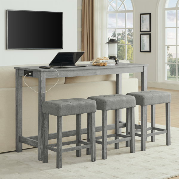59 Inch Bar Table, Dining Table, Sofa Table with Power Outlet, 3 Upholstered Stools, 4 Piece Bar Table and Chair Set for Living Room, Dining Room, Kitchen-3