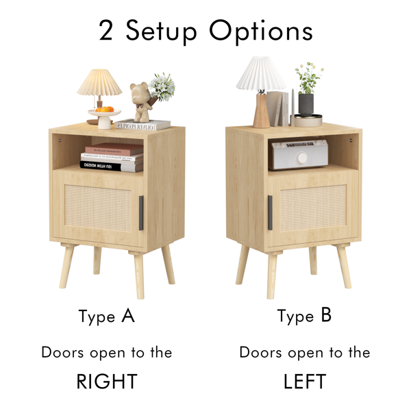 22.83'' H Rattan Nightstand, Side Table with Door Open Shelf,  Accent Bedside End Table with Solid Wood Legs for Bedroom, Dorm and Small Spaces, Oak-17