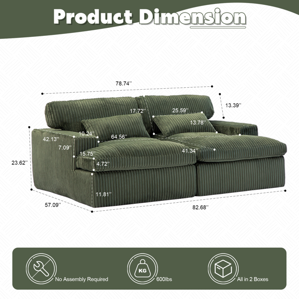 Double Chaise Lounge Chair Indoor,Oversized Upholstered Sleeper Cloud Couch,Deep Seat Luxury Sofa Bed,Sectional Sofa Chaise Love-seat,Corduroy Reading Chair for Living Room,No Assembly Required,Green-19