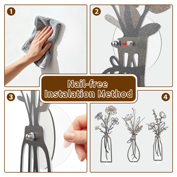 3-Piece Set of Neutral-Toned Metal Vase Wall Decor, Vintage Wrought Iron Vase Wall Hangings, Includes Self-Adhesive Mounting Plates, Suitable for Living Room, Bedroom, and Apartment Decor (Not from an eBay-Certified Warehouse)-8