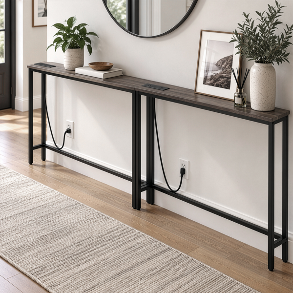 2pcs 灰色 密度板贴三胺+铁 200*15*79cm 玄关桌 带排插（美标）-9
