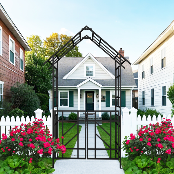 Metal Garden Arch with Gate W58.07*H97.24 Climbing Plants Support Rose Arch Outdoor Black-9