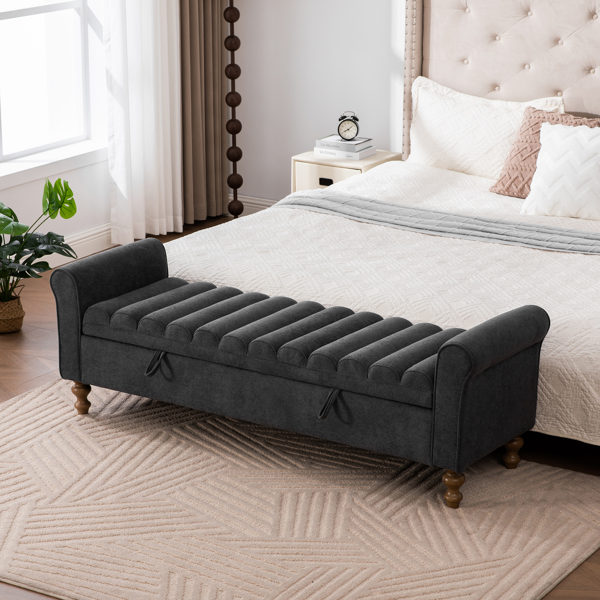 65.55" Wide Modern Upholstered  Storage Bench , Napped fabric Bed End Foot Stool With Rolled Armrest, Bench Daybed With Rubberwood Legs For Living Room, Entryway, Dormitory, Bedroom,Charcoal-1