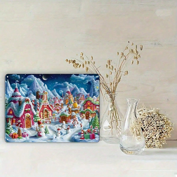 CIFbuy 1件圣诞冬日仙境马口铁画，雪屋墙饰 8x12英寸（TikTok, temu 自提物流）-3