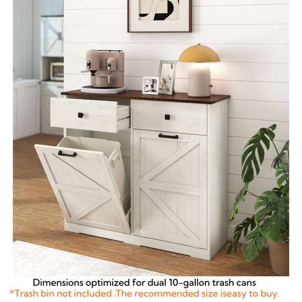 Farmhouse Double Tilt Out Trash Cabinet for 20 Gallon Trash Cans, Free Standing Recycling Cabinet with Hideaway Drawer, Barn Door Style Laundry Sorter Cabinet, Tilt Out Trash Cabinet for Kitchen-2