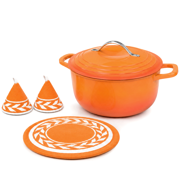 不锈钢手柄 7.5QT 7.1L 圆形 珐琅锅 橙色渐变 含手套 隔热垫-4