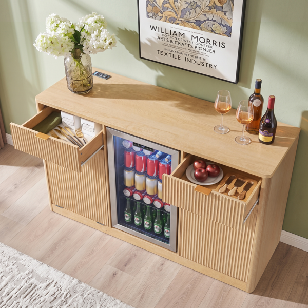 K&K 59" Coffee Bar Cabinet with Fridge Space & Tilt-Out Trash Cabinet, Mini Fridge Wine Cabinet with Storage/Charging Station, Fluted Buffet Sideboard with Glass Holder for Dining Room, Natural Oak-24