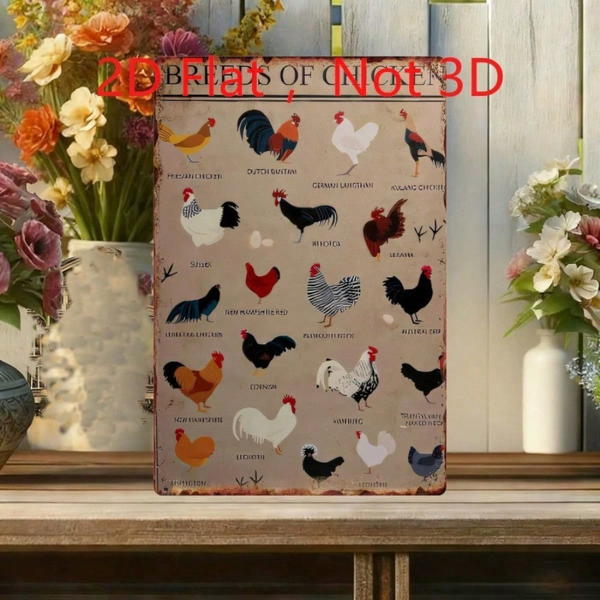 CIFbuy 复古鸡品种图示铁皮装饰牌，农舍风格墙面艺术 20x30厘米（TikTok, temu 自提物流）-2