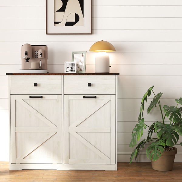 Farmhouse Double Tilt Out Trash Cabinet for 20 Gallon Trash Cans, Free Standing Recycling Cabinet with Hideaway Drawer, Barn Door Style Laundry Sorter Cabinet, Tilt Out Trash Cabinet for Kitchen-6