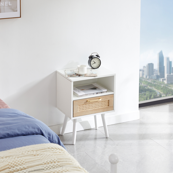 15.75" Rattan End table with  drawer and solid wood legs, Modern nightstand, side table for living room, bedroom, white-2
