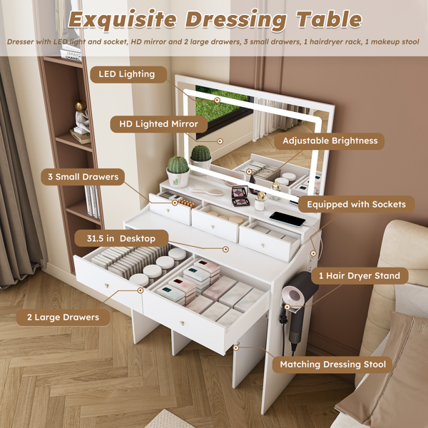 New Large Mirror Vanity Desk for Bed room  , Modern Makeup Vanity Set with Power Outlet and Hair dryer holder, 5 Drawers , 3 Lighting Color Adjustable Dressing Table for Bedroom, White Color-3
