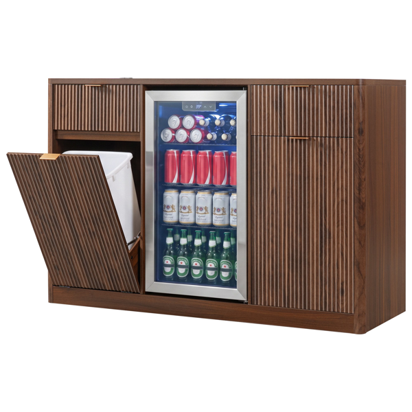 K&K 59" Coffee Bar Cabinet with Fridge Space & Tilt-Out Trash Cabinet, Mini Fridge Wine Cabinet with Storage/Charging Station, Fluted Buffet Sideboard with Glass Holder for Dining Room, Walnut Brown-2