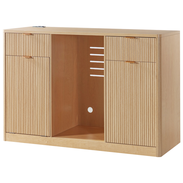 K&K 59" Coffee Bar Cabinet with Fridge Space & Tilt-Out Trash Cabinet, Mini Fridge Wine Cabinet with Storage/Charging Station, Fluted Buffet Sideboard with Glass Holder for Dining Room, Natural Oak-45