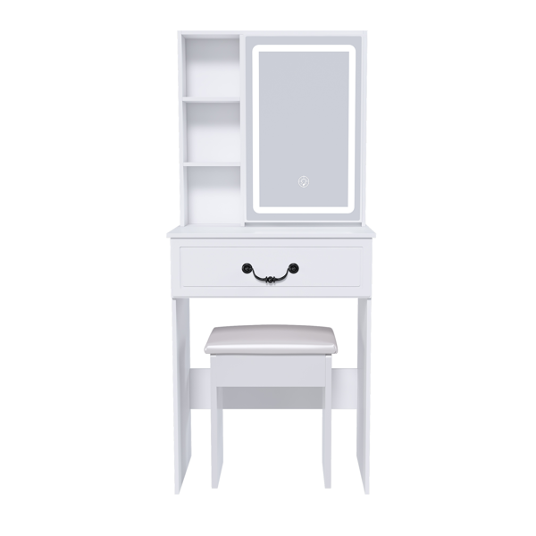 Modern Mini Dressing Table with LED-lit Mirror & Hidden Storage,Includes Padded Stool,Adjustable Brightness Vanity Desk,Multi-tier Dust-proof Shelves,White-10