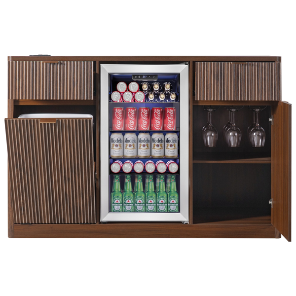 K&K 59" Coffee Bar Cabinet with Fridge Space & Tilt-Out Trash Cabinet, Mini Fridge Wine Cabinet with Storage/Charging Station, Fluted Buffet Sideboard with Glass Holder for Dining Room, Walnut Brown-4