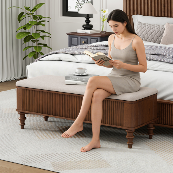 50.8-inch Multi-Functional Storage Ottoman Bench-Solid Rubberwood Bed End Bench with Linen Seat, Storage Bench for Bedroom, Entryway Shoe Organizer for Bedroom, Living Room, Entryway, Closet, Walnut-6