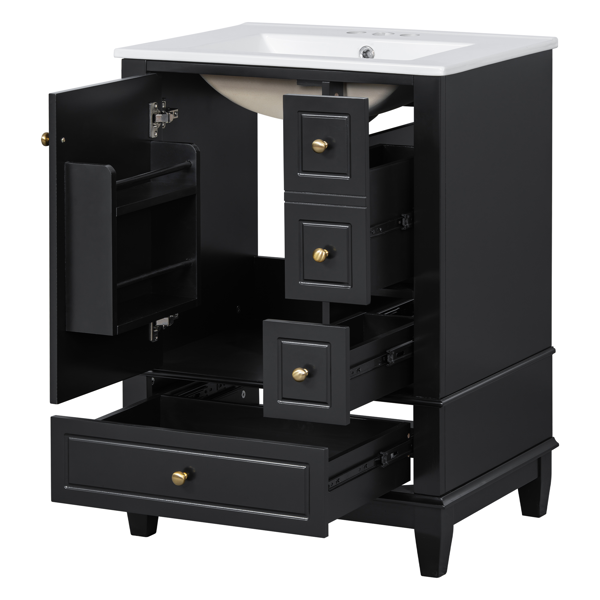 24" Bathroom Vanity with Sink and Drawers, Black Freestanding Vanity Cabinet with Ceramic Top and Storage Shelves, MDF and Solid Wood Base, Modern Sink Cabinet for Small Bathrooms-31
