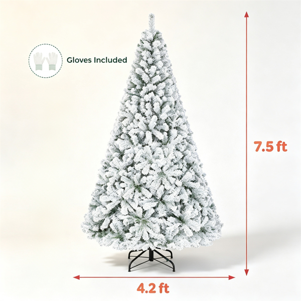7.5英尺雪花植绒人造圣诞树，带1010个枝梢，铰链式PVC圣诞树可折叠金属支架阻燃剂，适用于家庭办公室节日派对装饰白绿色-3