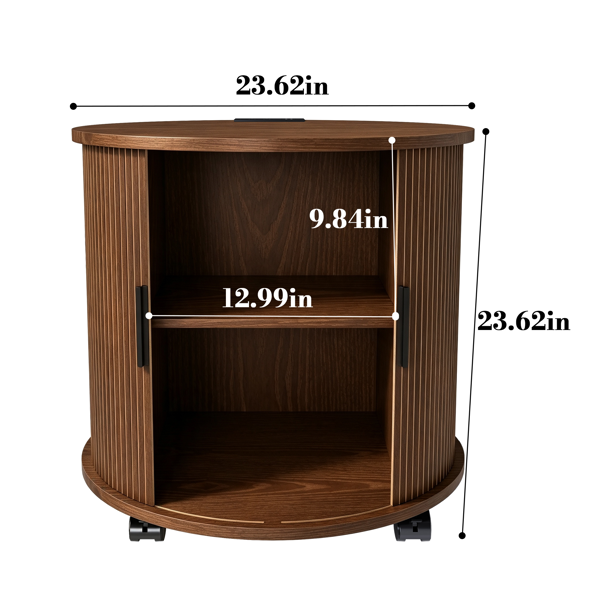 Mid Century Modern Cylinder End Table with Built-in Charging Station & Sliding Door, 2-Tier Storage Round Nightstand with USB Ports, Walnut Bedside Table for Living Room, Bedroom, Entryway-17