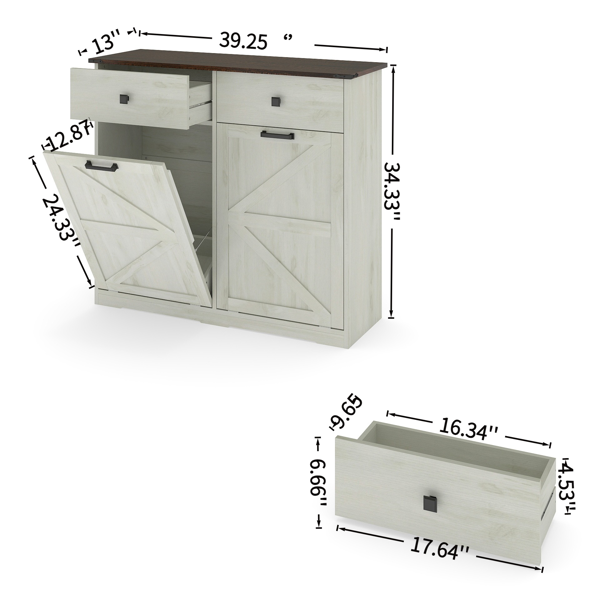 Farmhouse Double Tilt Out Trash Cabinet for 20 Gallon Trash Cans, Free Standing Recycling Cabinet with Hideaway Drawer, Barn Door Style Laundry Sorter Cabinet, Tilt Out Trash Cabinet for Kitchen-4