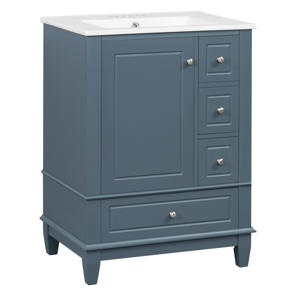 24" Bathroom Vanity with Sink and Drawers, Gray Blue Freestanding Vanity Cabinet with Ceramic Top and Storage Shelves, MDF and Solid Wood Base, Modern Sink Cabinet for Small Bathrooms-32