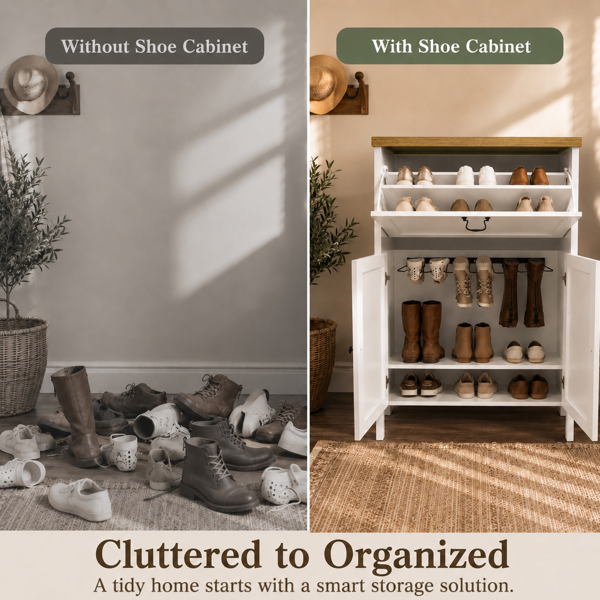 Shoe Cabinet with Flip Drawer, Boot Rack and 6 Boot Clips, Narrow Entryway Shoe Cabinet with Adjustable Shelf, Freestanding Shoe Organizer Cabinet for Entryway, Foyer, 31.5"W x 15.7"D x 45.3"H-White-9