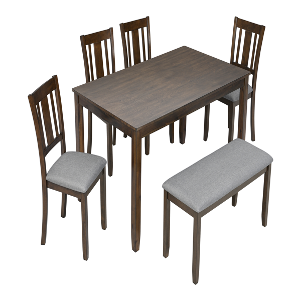6 Piece Kitchen Dining Set, Rectangular Wooden Dining Table with 4 Upholstered Chairs and a Bench, Dining Table Set for 6 People, Living Room, Home Bar and Kitchen, Walnut-9