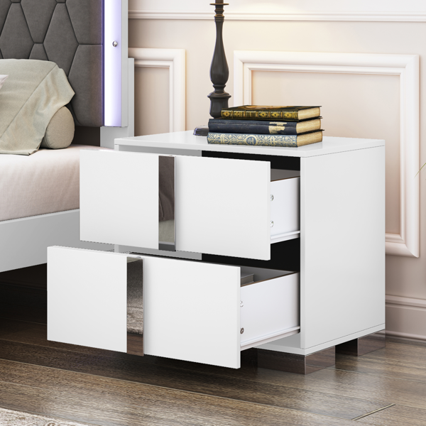 Elegant Nightstand with Metal Foot, Mirrored Bedside Table with 2 Drawers for Bedroom, Living Room, White (Old SKU: WF319353AAK)-2