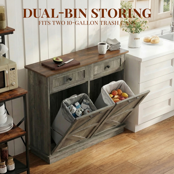 Tilt Out Trash Can Cabinet for Kitchen, Double 10-Gallon Hidden Trash Cabinet with Drawer, Farmhouse Wooden Garbage Cabinet, Dog Proof Trash Can Storage for Kitchen Laundry Living Room Office-9