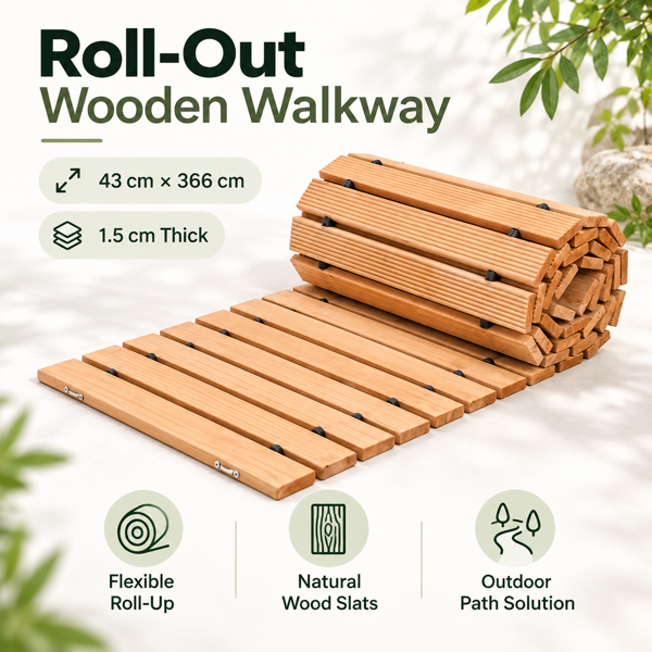 366 x 43 cmRoll-Out Wooden Walkway Mat, 1.5 cm Thick Portable Garden Pathway, Outdoor Wooden Boardwalk Path for Yard, Lawn, Beach, Patio and Camping-3