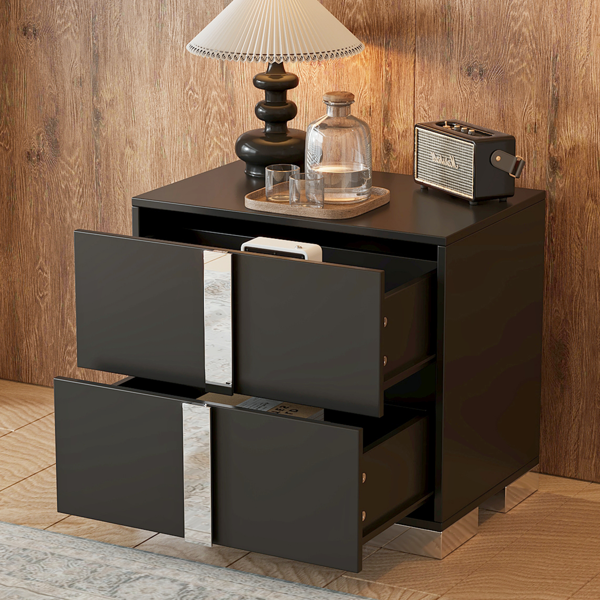 Elegant Nightstand with Metal Foot, Mirrored Bedside Table with 2 Drawers for Bedroom, Living Room, Black-2