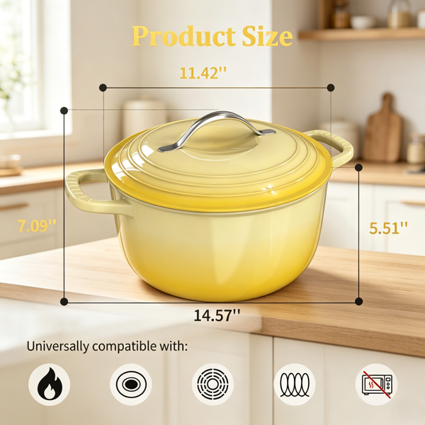 不锈钢手柄 7.5QT 7.1L 圆形 珐琅锅 黄色渐变 含手套 隔热垫-10